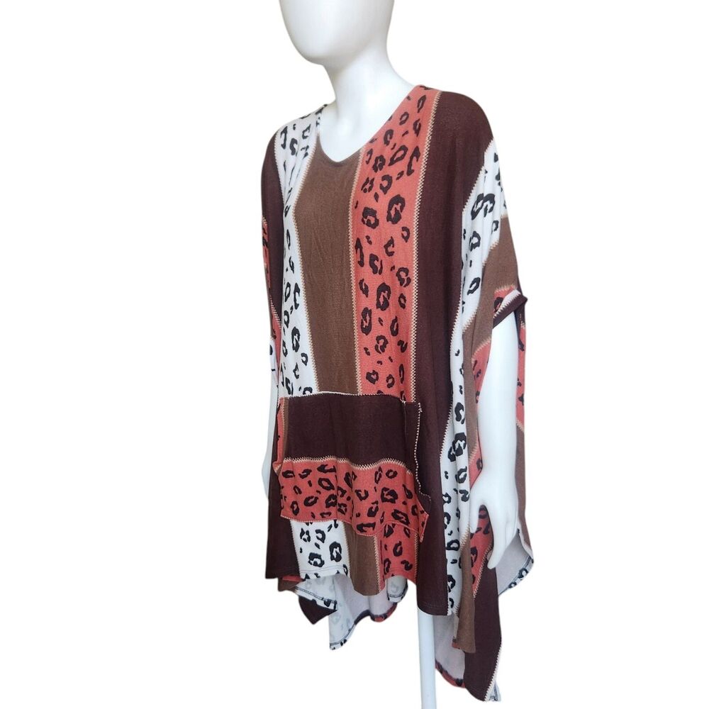 Oddy Patchwork Animal Print Western Boho Tunic OS Asymmetrical V-Neck Earthy USA